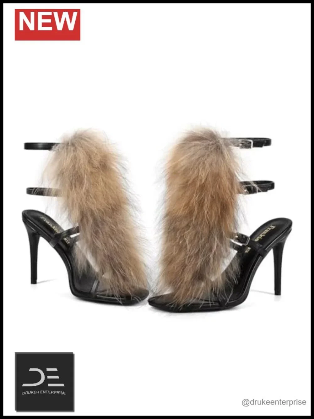 Genuine Fox Fur Stiletto High Heeled Sandals Open Toe Gladiator Furry Fluffy